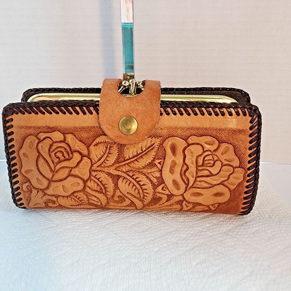 Vintage Western Cowgirl Hand Made Leather Wallet Hand Tooled Flower Roses Brown